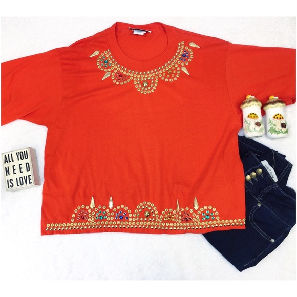 Vintage Tops - Vintage 90’s Orange Bedazzled Aftershock T-Shirt
